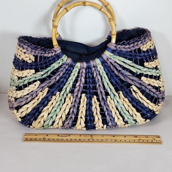 tropical trends purple striped colorful‎ Straw Woven Handbag round Bamboo Handle - Picture 3 of 10